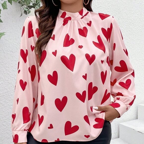 Pink Casual Women's Heart Print Stand Collar Shirt - Picture 4 of 5